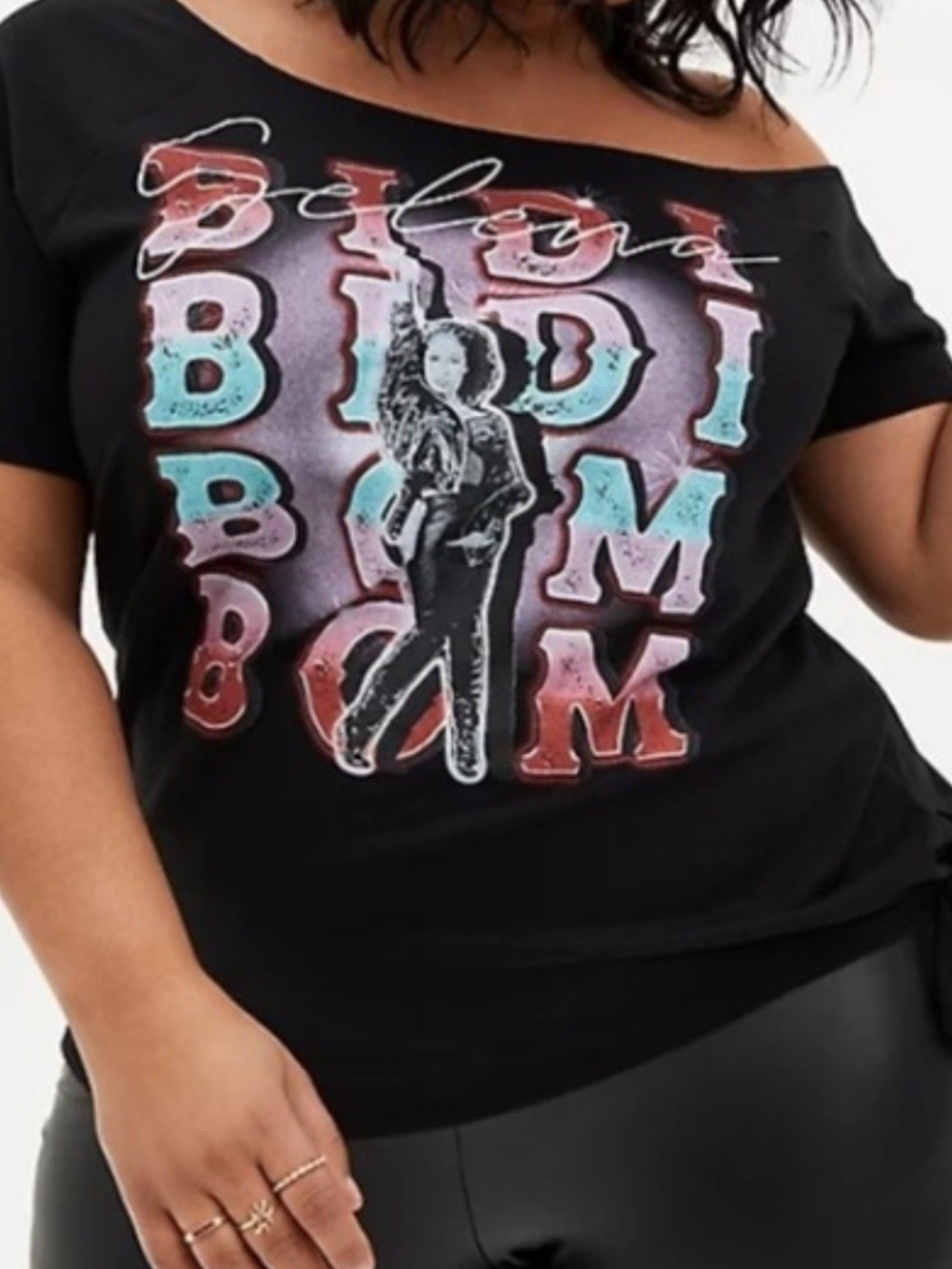 torrid Black Off-Shoulder 'Bidi Bom Bom' Graphic Tee with Red & Teal Print